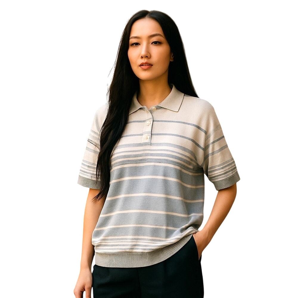 Vintage Sarah Bentley Women’s Striped Knit Polo Collared Sweater White Blue 2X